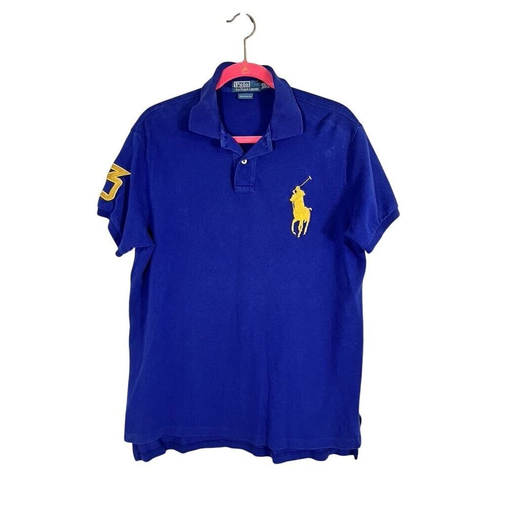 Ralph Lauren Polo Shirt Blue L Gold Horse Embroidery‎ Preppy Luxury Classic 90s